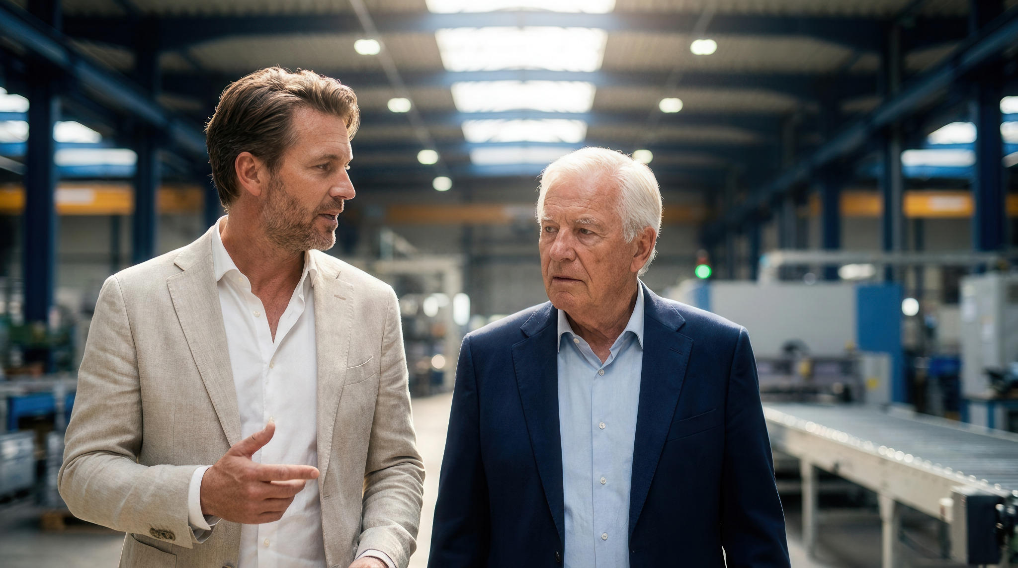 Older and younger business leaders discussing operations in a factory